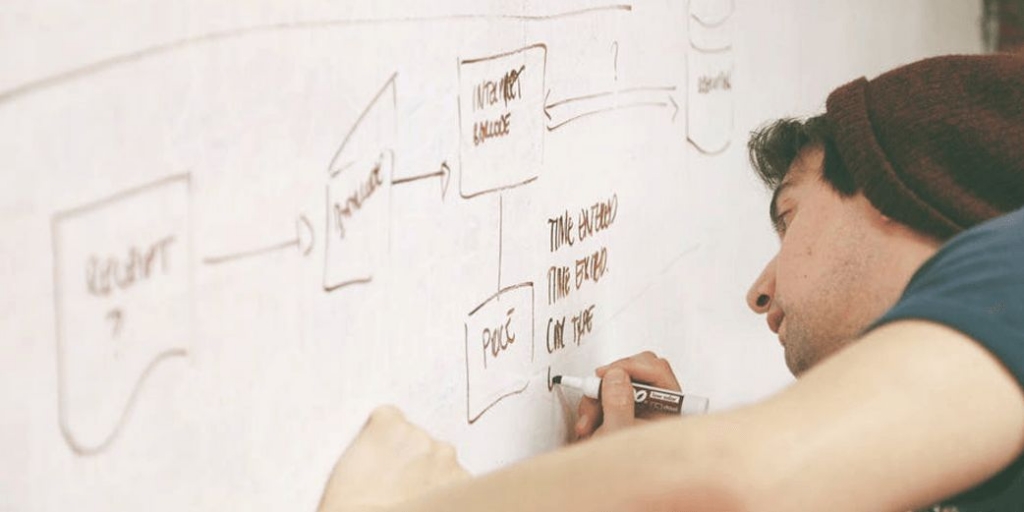 Office employee draws flow chart for streamlining business processes